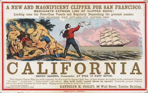 Reklame for sejlskib, der sejler til Californien i begyndelsen af guldfeberen